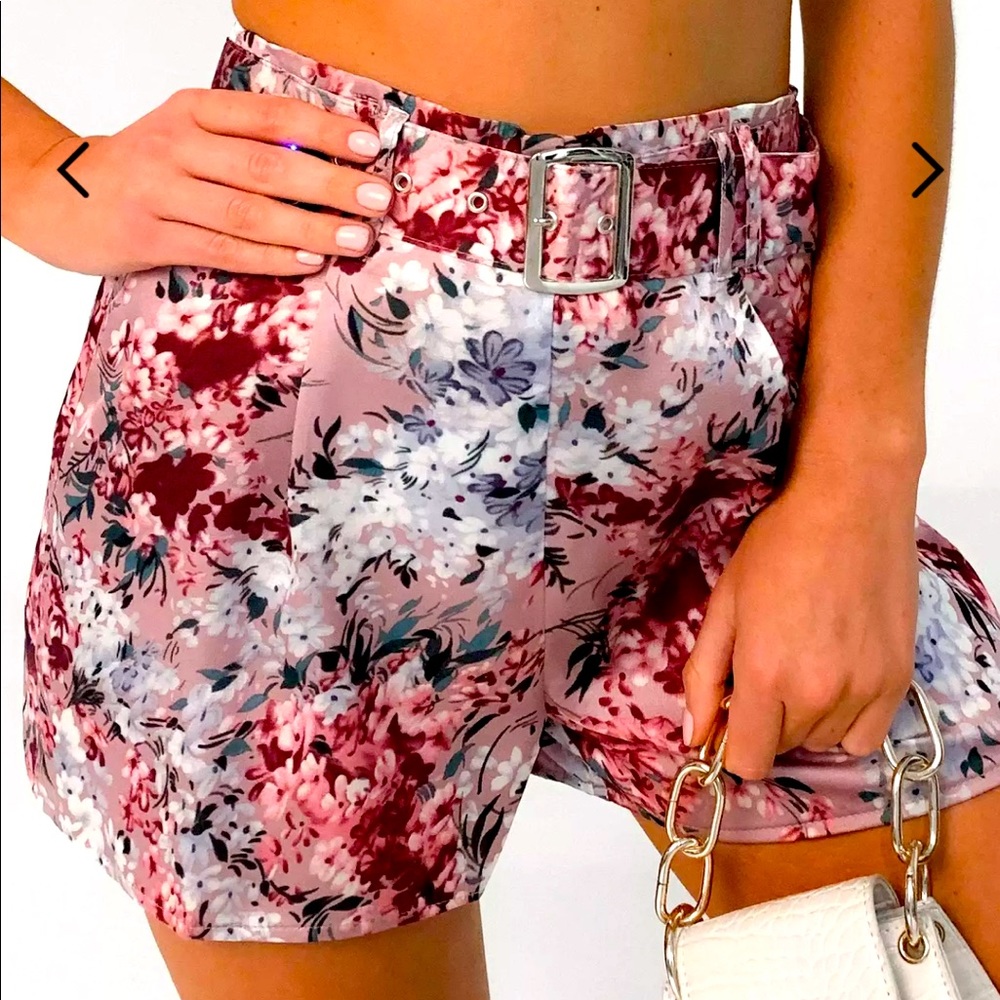 Pink floral print satin belted shorts